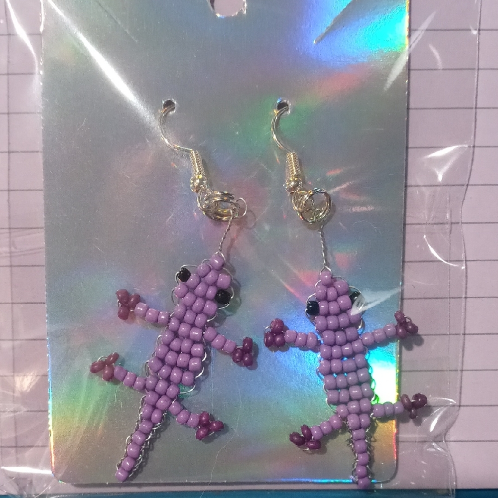 Charming Purple Beaded Gecko Earrings